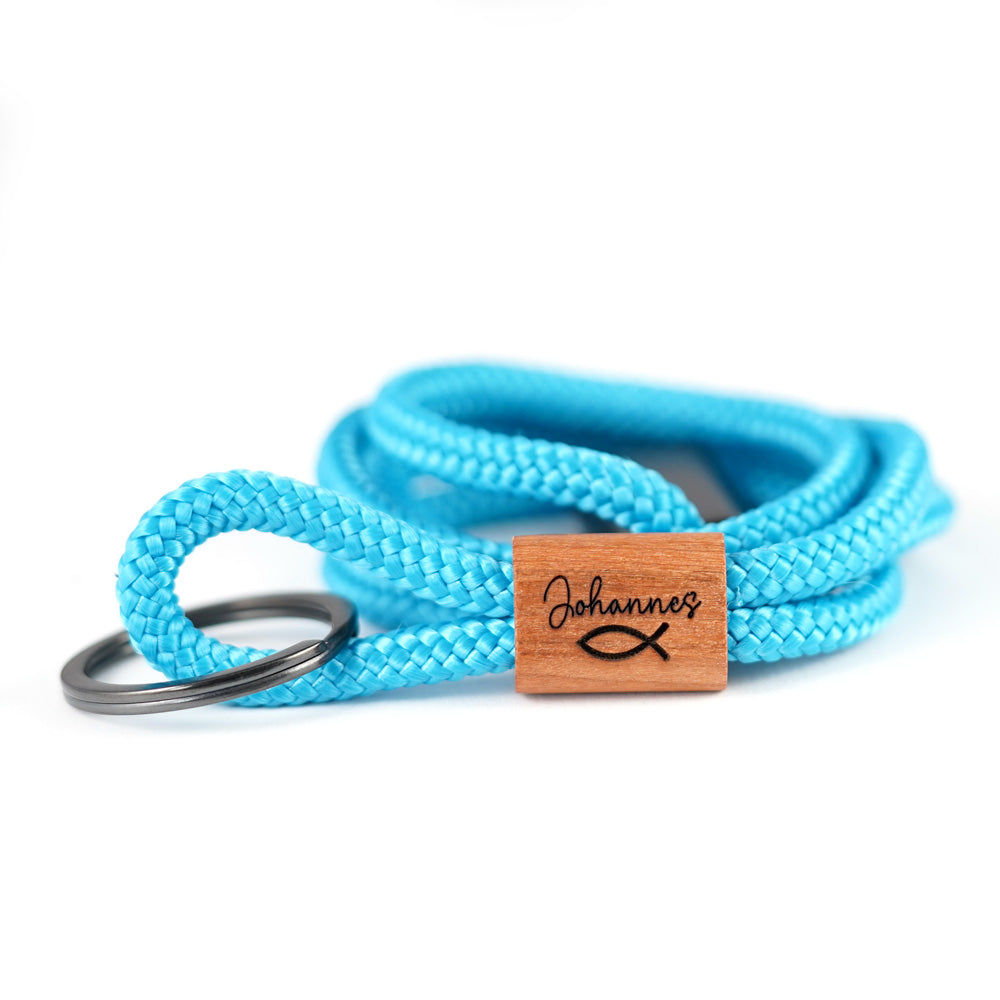 myjori Holz Segeltauschlüsselband mit deiner Wunschgravur zur Kommunion